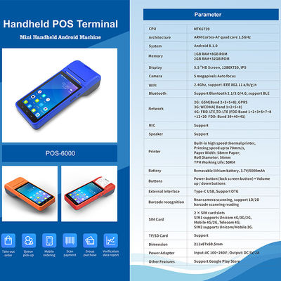 5.5" Elden Kullanılabilir Android POS Sistemleri Nakit Kayıt Makinesi Dokunmatik Ekran Mobil POS Terminalı WiFi USB NFC Payment for Retail Blue